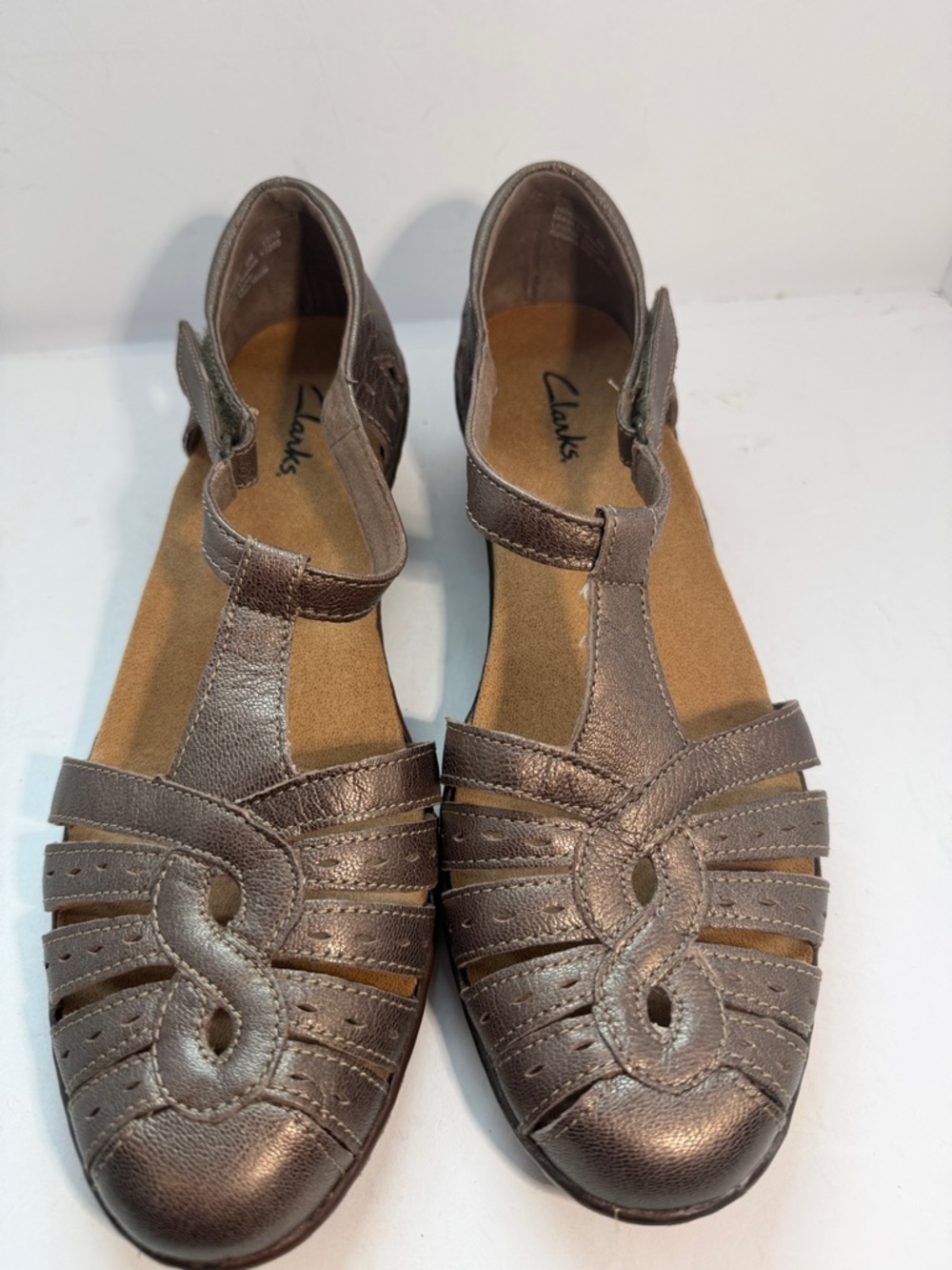 Clarks Metallic Taupe T-Strap Cutout Sandals